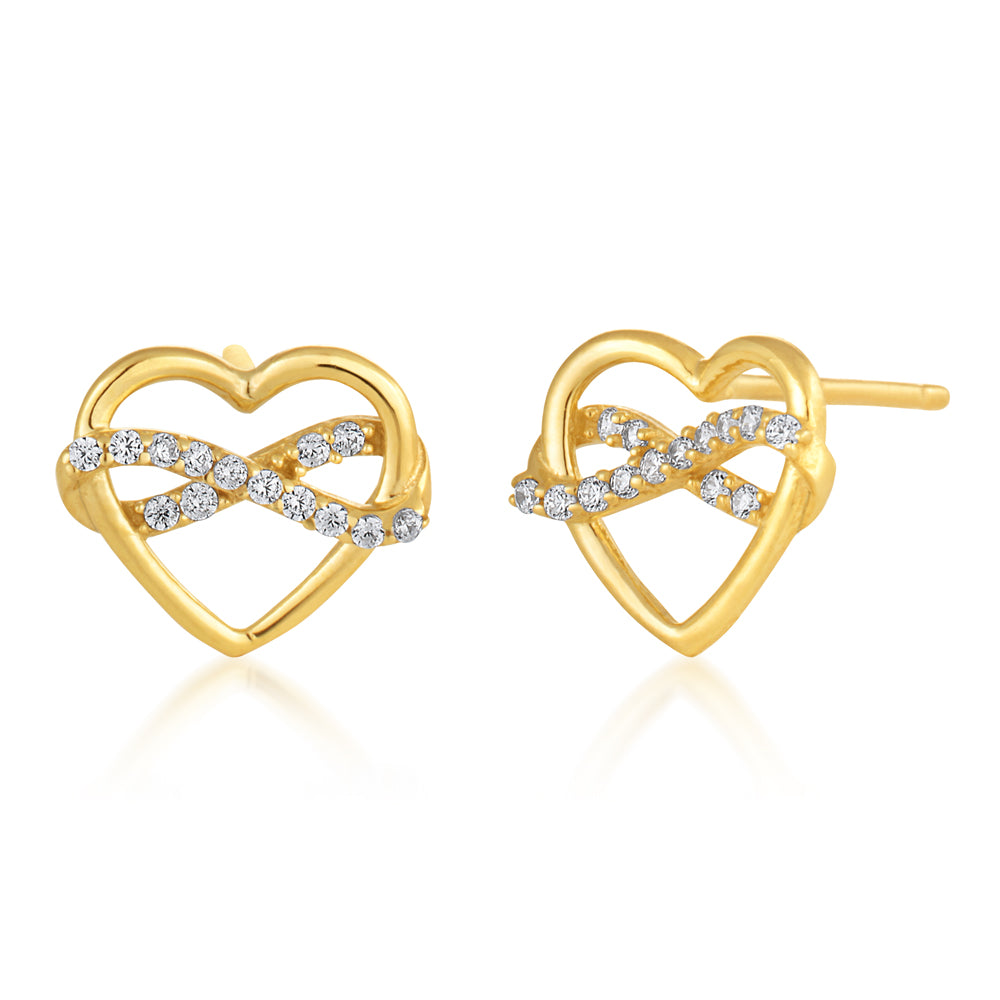 Stunning 9-carat Yellow Gold Stud Earrings with Zirconia in an Infinity Heart Shape