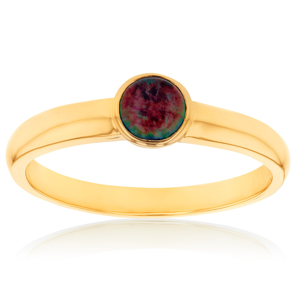 9-carat Yellow Gold Triplet Opal Round Bezel Ring with 5mm Diameter, Limited Resizing (1 - 2 Sizes Only)