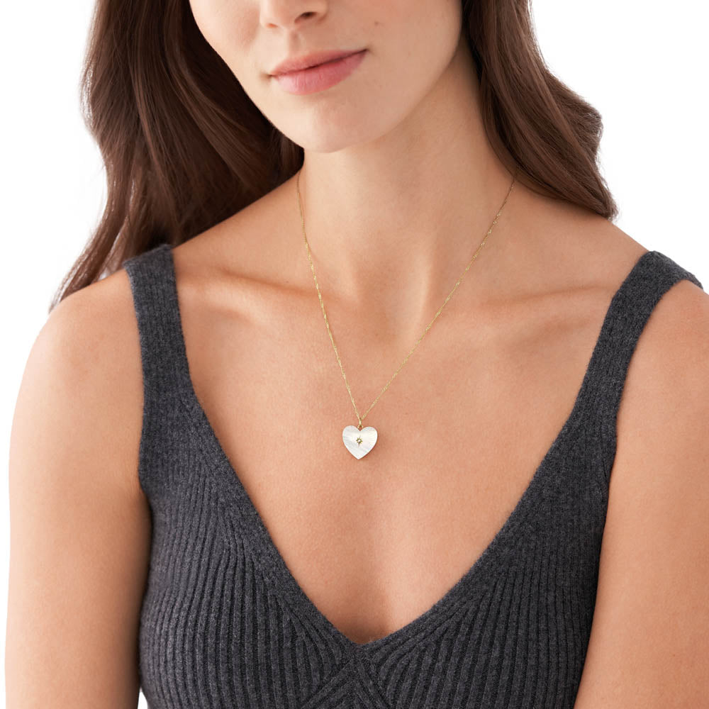Fossil White Mother Of Pearl Heart Locket Pendant in Yellow Gold Plated Stainless Steel on Chain