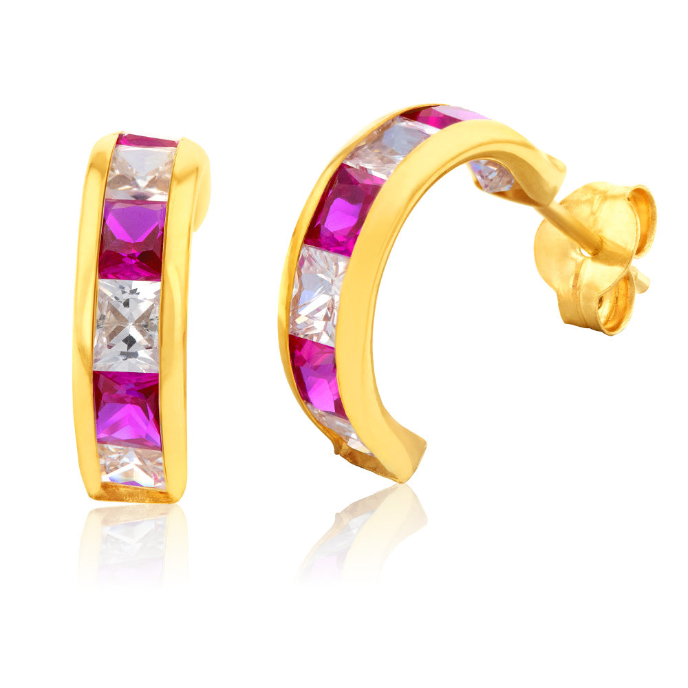 9ct Stunning Red and White Zirconia Half - Hoop Earrings