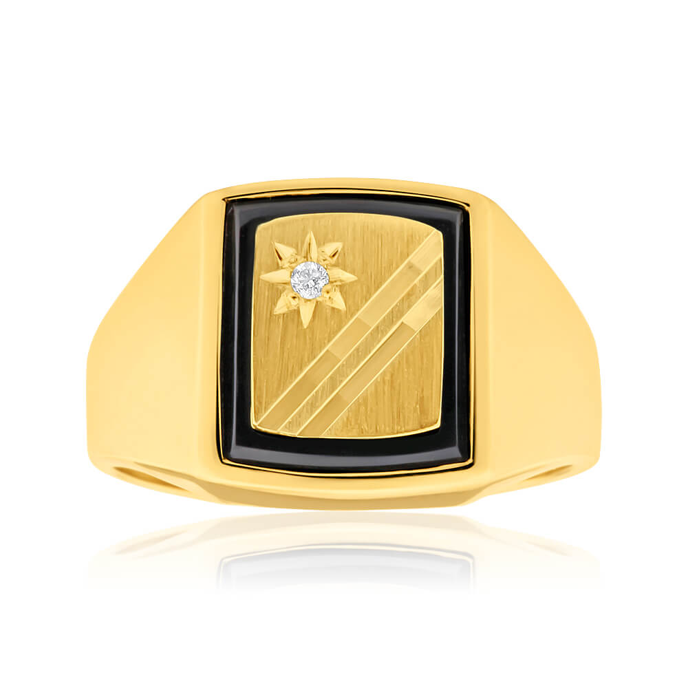 9ct Radiant Yellow Gold with Diamond and Onyx Engagement Ring