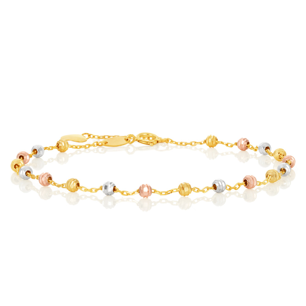 17cm 9ct Gold Three - Tone Beaded Bracelet with 2cm Extension