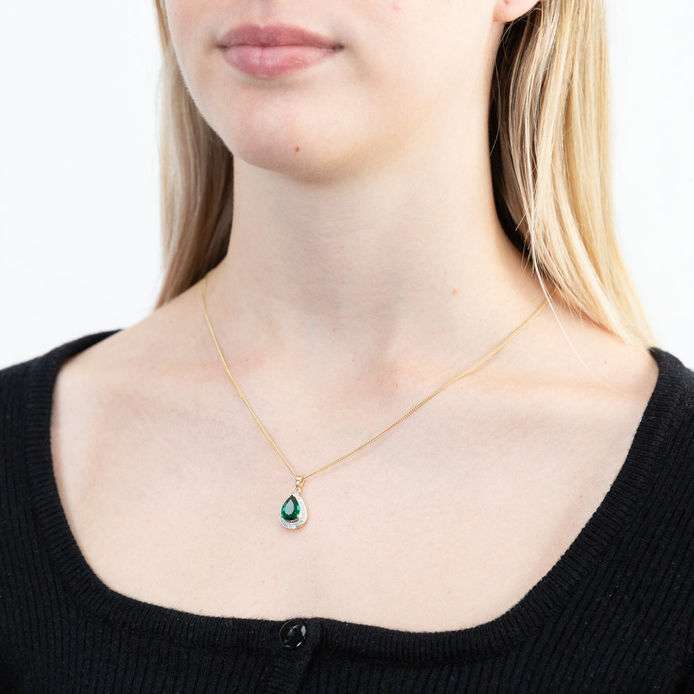 Stunning 9ct Yellow Gold Pendant with Lab - Created Emerald and Diamonds