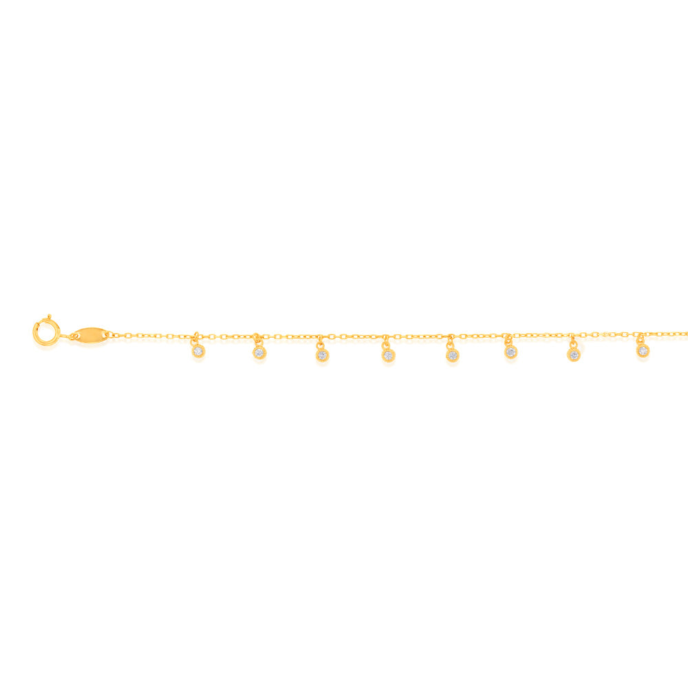 17.8cm 9 Carat Yellow Gold Bracelet with Hanging Cubic Zirconia Charms