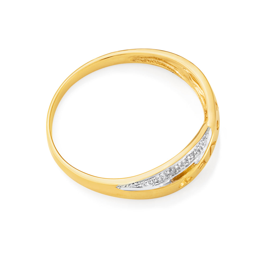 9ct Yellow Gold Engagement and Love-themed Crossover Ring Adorned with 4 Sparkling Diamonds