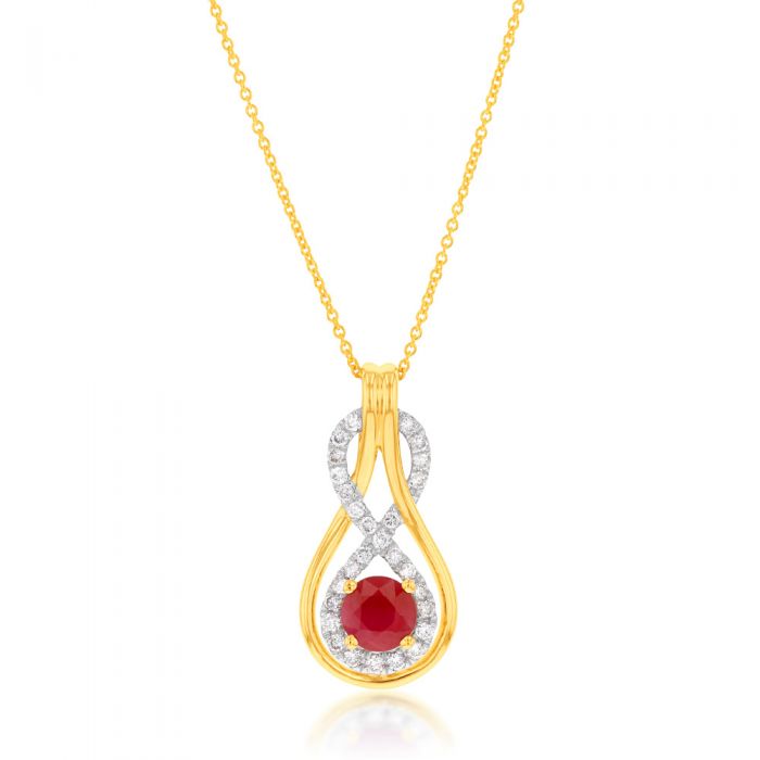 9ct Yellow Gold 5mm Natural Ruby and 0.22ct Diamond Infinity Pendant with 45cm Chain