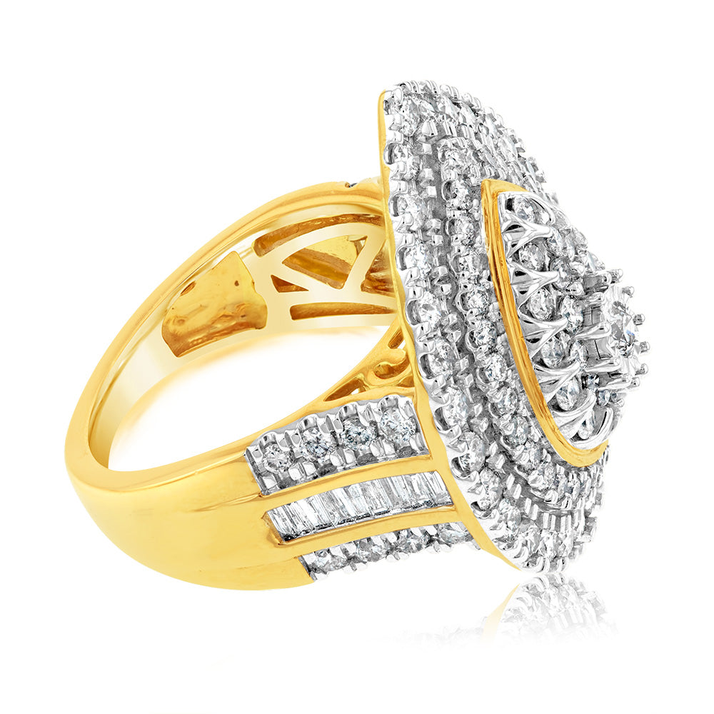 2-Carat 9ct Yellow Gold Diamond Ring Featuring Brilliant and Tapered Baguette Stones