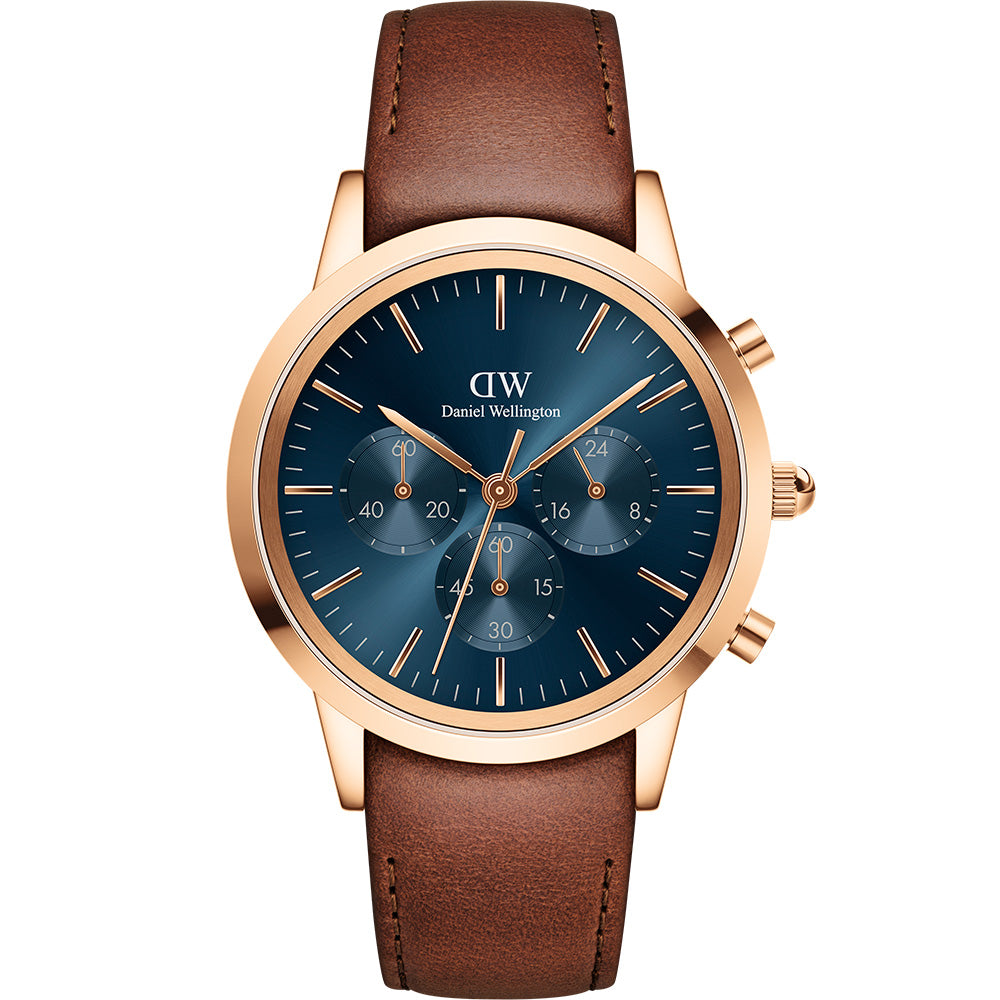 Daniel Wellington St Mawes Iconic Chronograph Watch Model DW00100639 with Arctic Blue Sunray Dial and Brown Leather Band