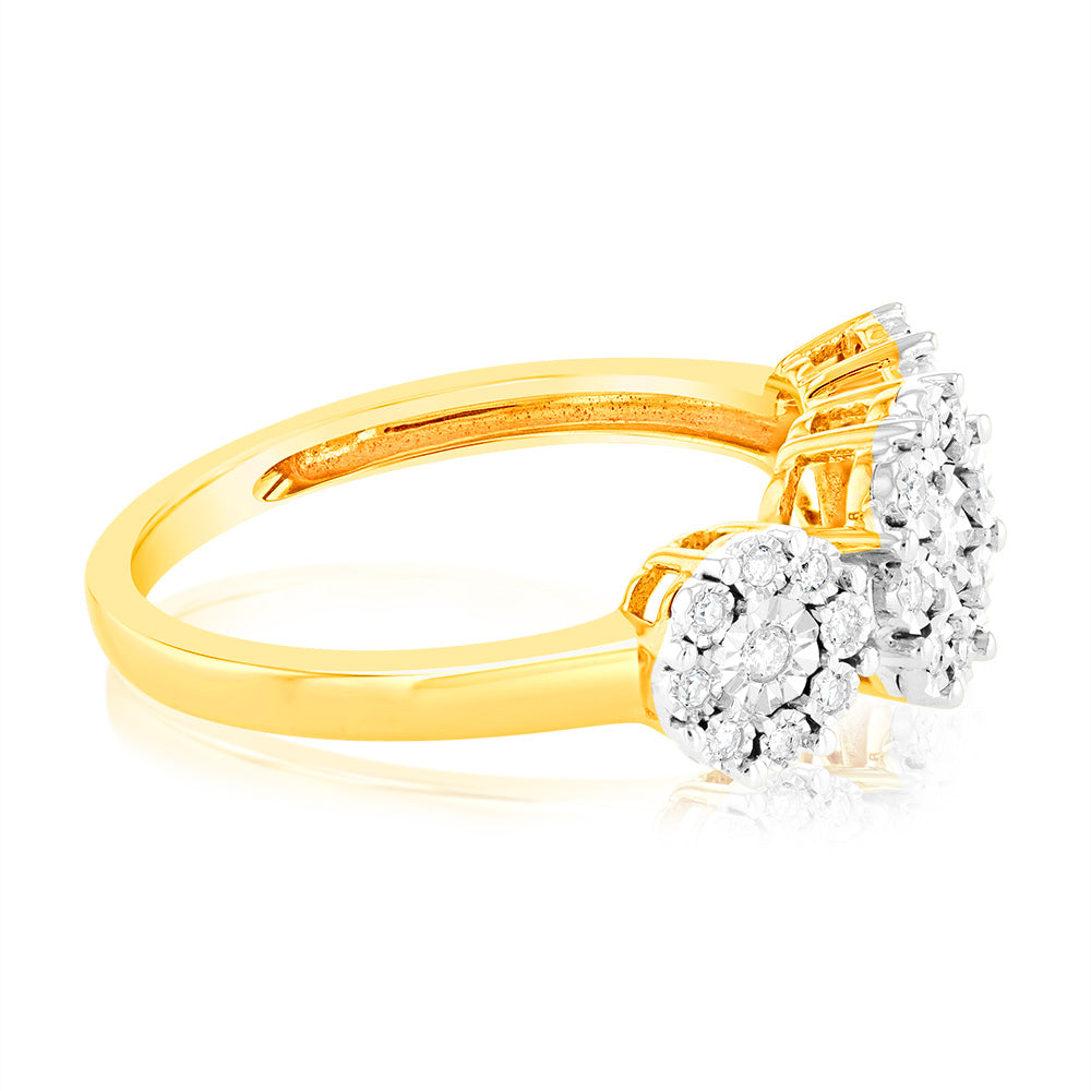 Exquisite 1/10 Carat Diamond Trilogy Ring Crafted in 9 Carat Yellow Gold, Ideal Jewelry for Special Occasions
