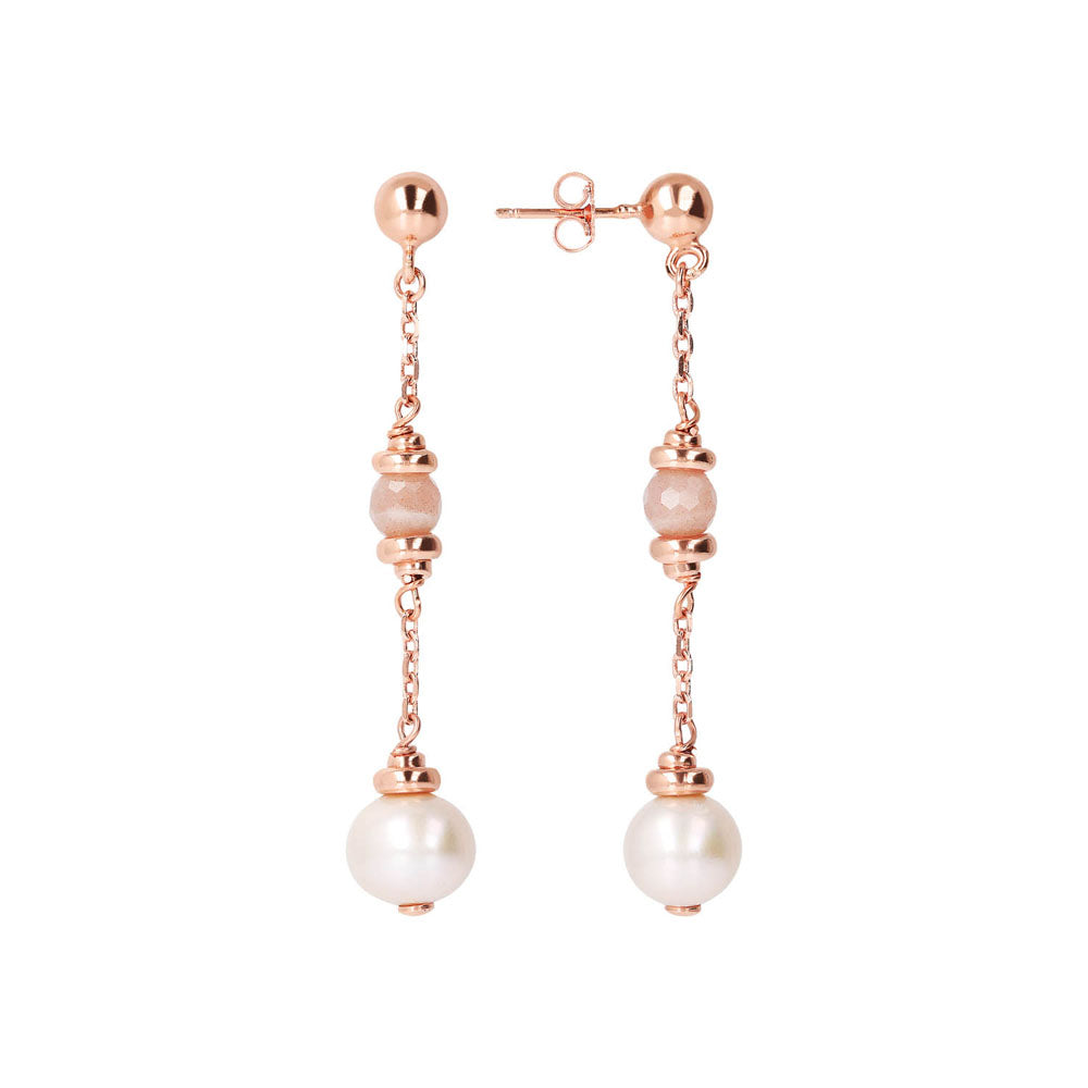 Bronzallure Exquisite Rose Gold Plated Maxima Pearl and Peach Moonstone Dangling Earrings