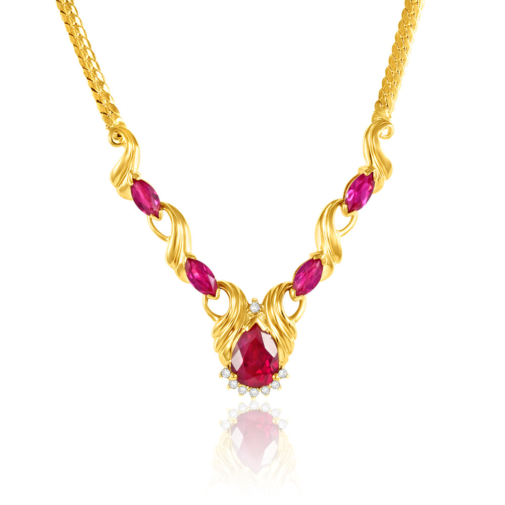 9ct Yellow Gold Chain with Lab - Created Rubies and Natural Diamonds