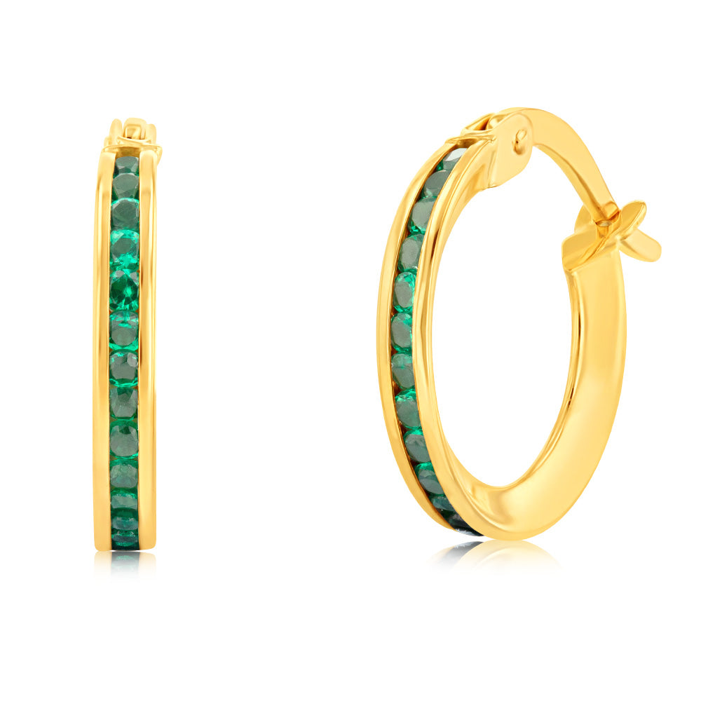 Slim 9ct Yellow Gold Hoop Earrings with Green Zirconia