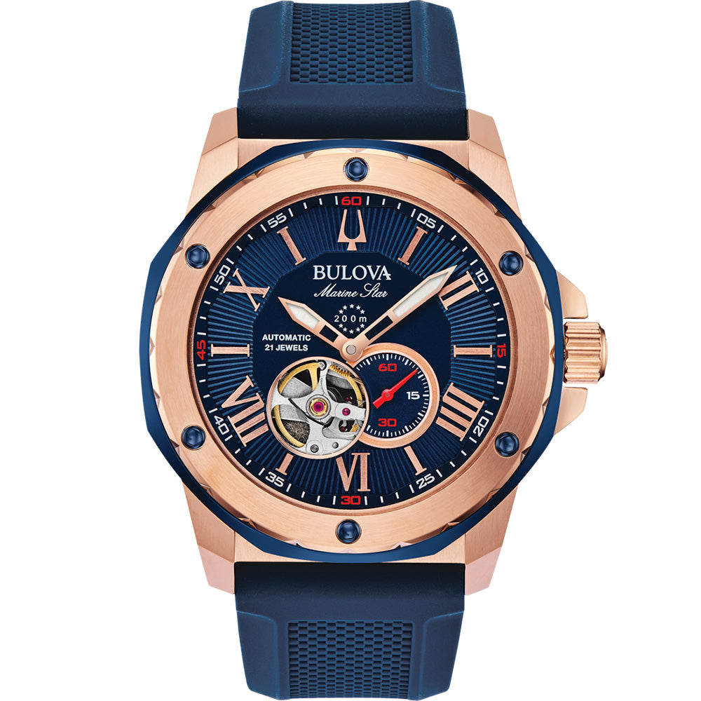 Bulova 98A227 Marine Star: 44mm Rose Gold-Tone Stainless Steel Automatic Watch