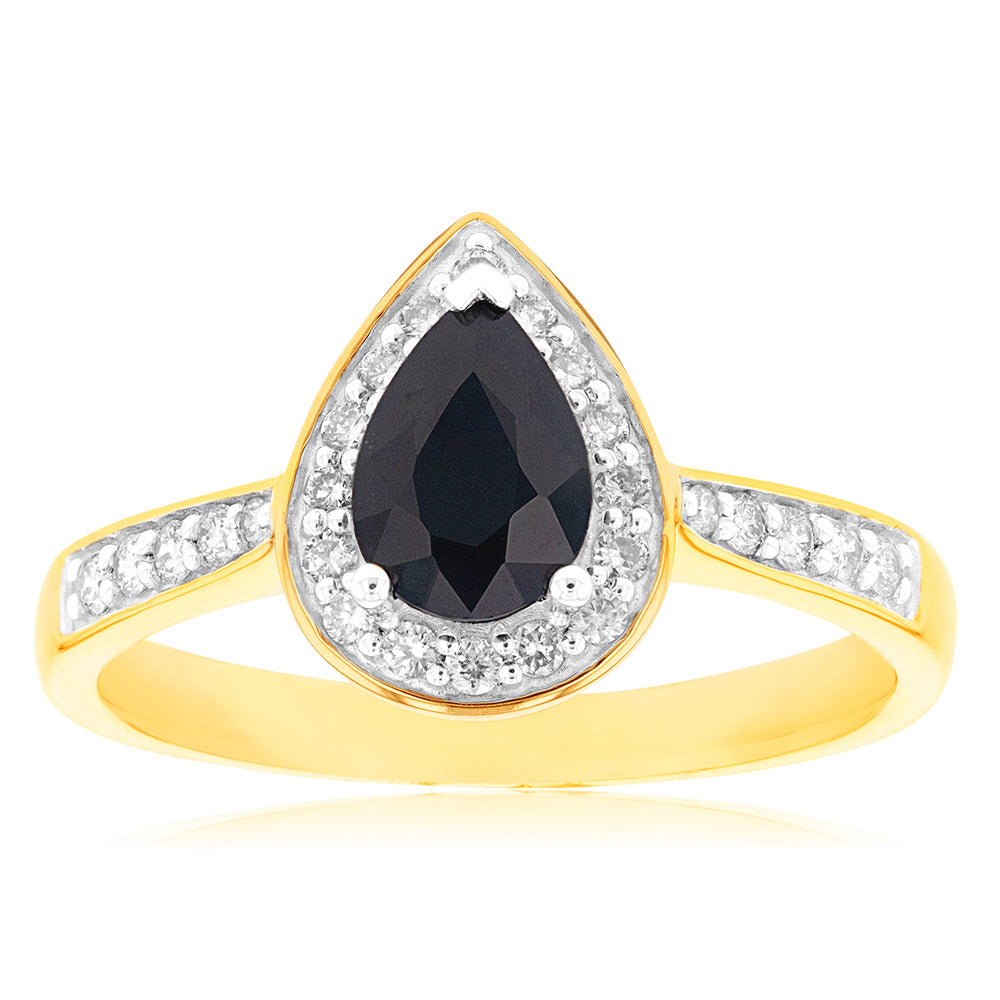 9ct Yellow Gold Ring with 1ct Natural Sapphire and 1/5 Carat Diamond Pear Halo