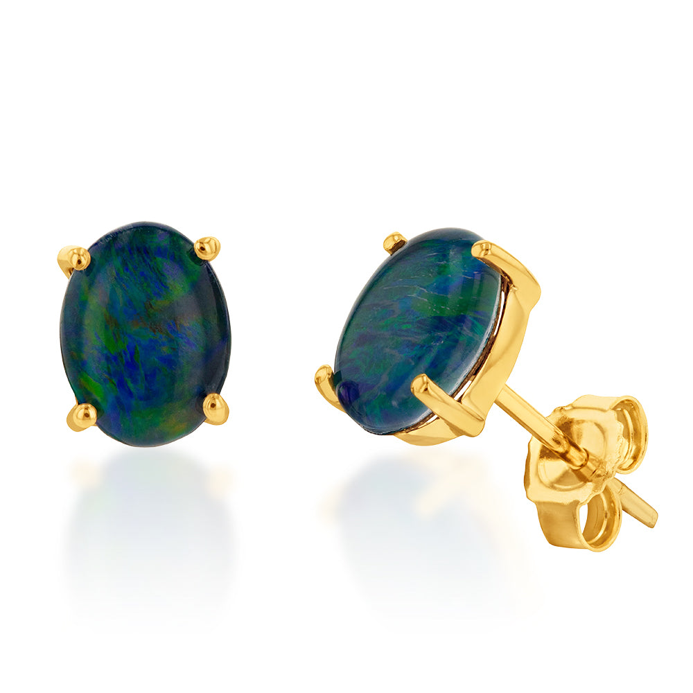 Stunning 9 Carat Yellow Gold Stud Earrings with 8x6mm Triplet Opal Gemstones
