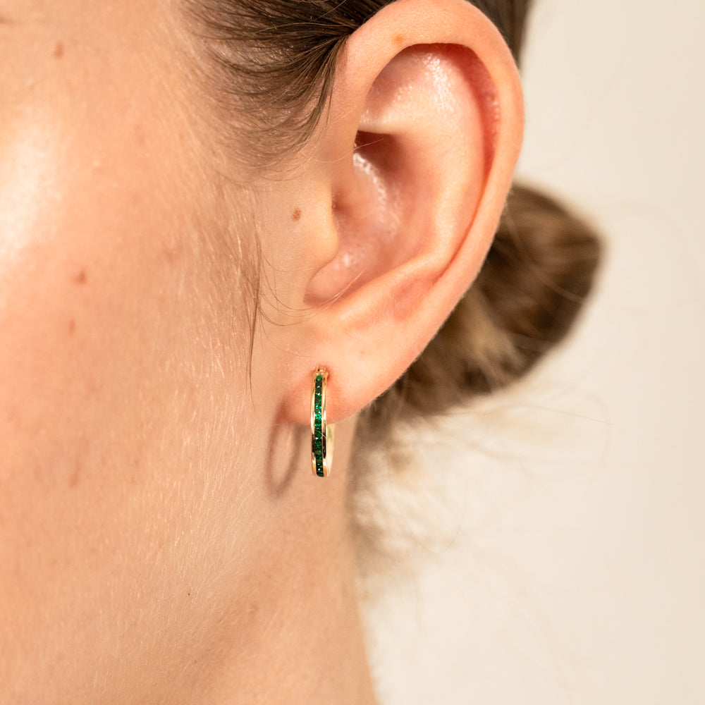 Slim 9ct Yellow Gold Hoop Earrings with Green Zirconia