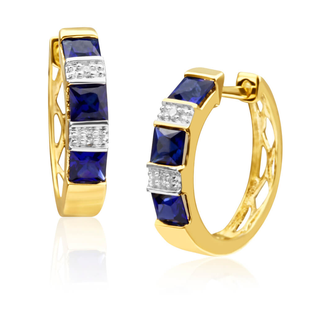 Exquisite 9ct Yellow Gold Hoop Earrings with Lab - Created Sapphires and Real Diamonds
