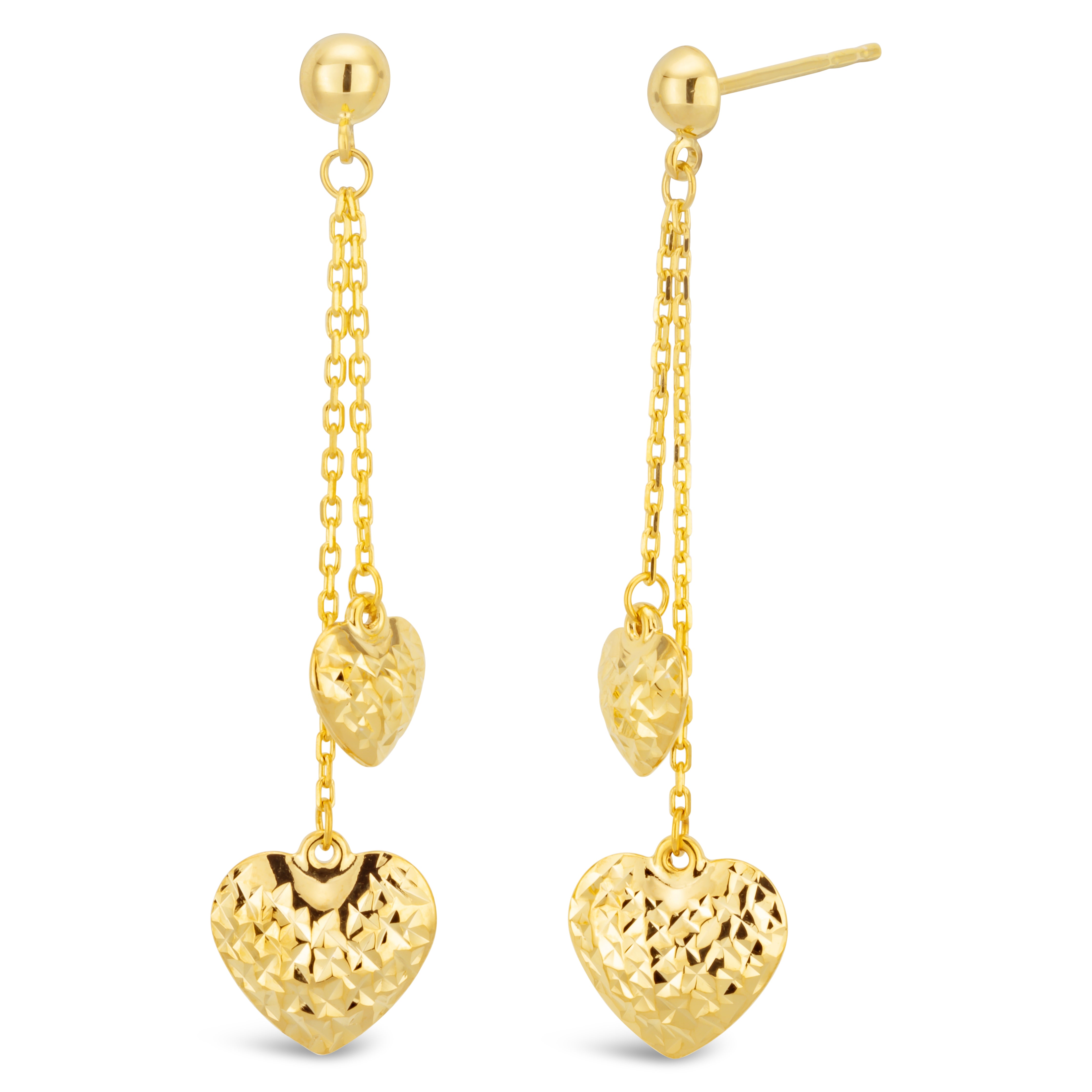 9ct Yellow Gold Filled Double-Sided Diamond-Cut Heart-Shaped Drop Earrings