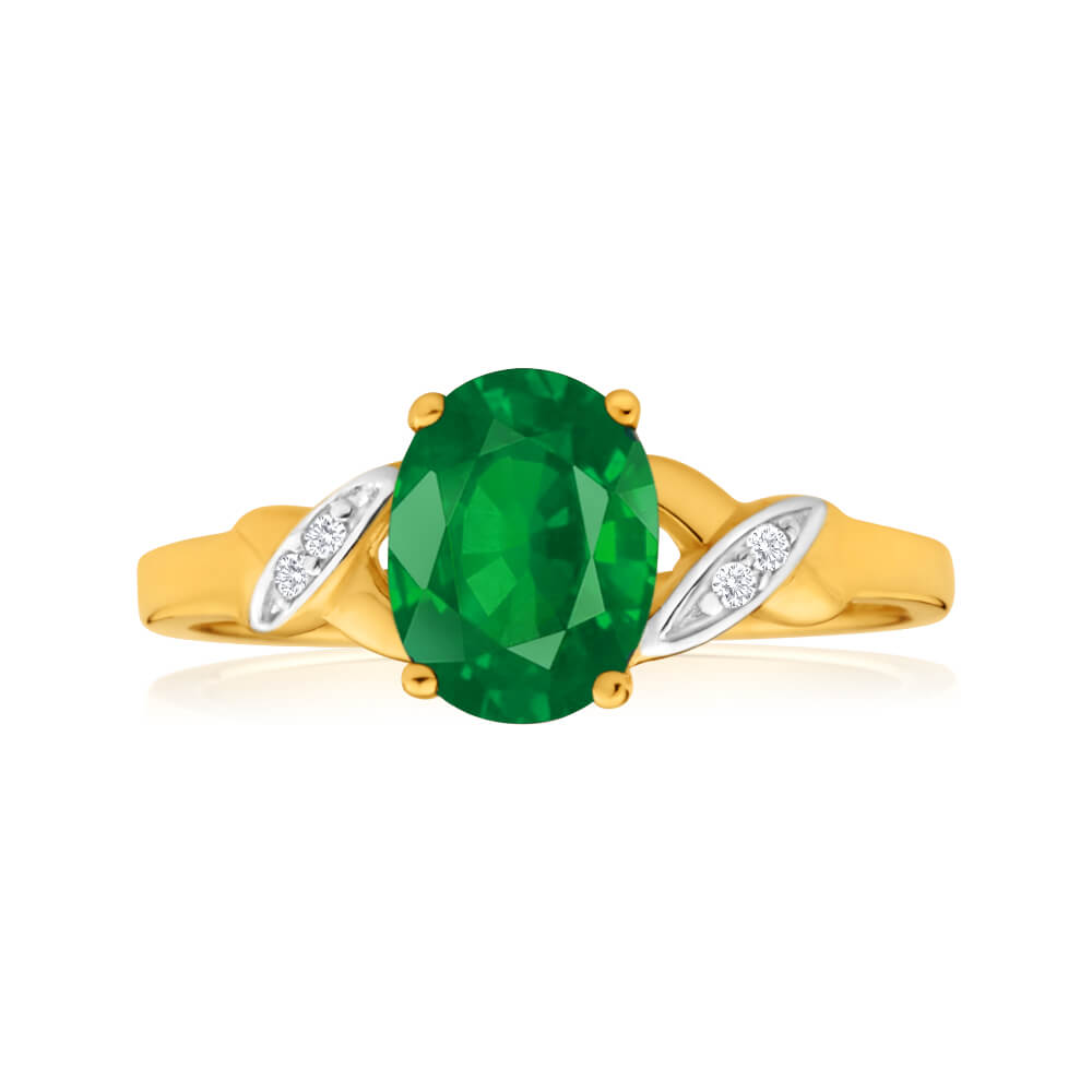Stunning 9ct Yellow Gold Ring with Oval Created Emerald and Brilliant Diamonds