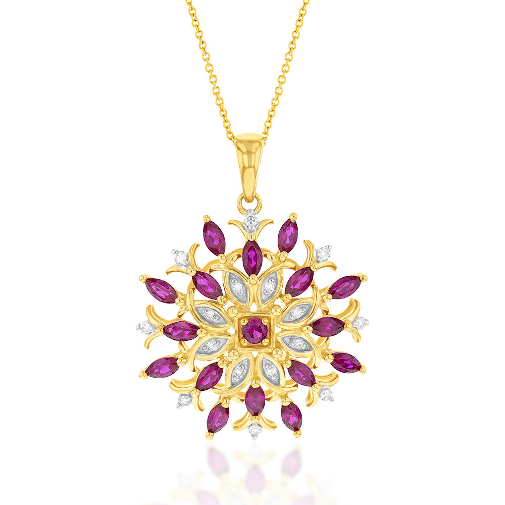9ct Yellow Gold Fancy Pendant with Created Ruby and 0.01ct Diamond, Accompanied by a 45cm Chain