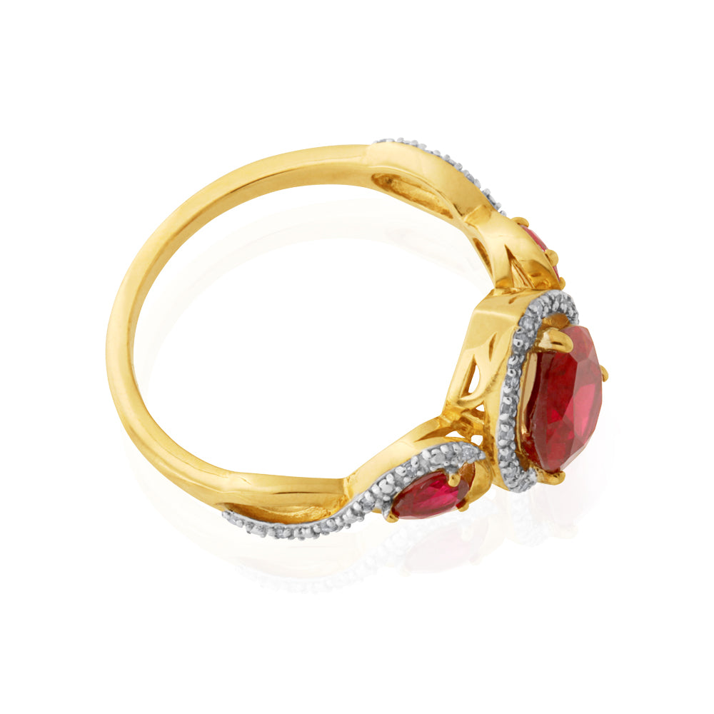 Exquisite 9ct Yellow Gold Ring Featuring Lab - Created Rubies and 1/10 Carat Natural Diamonds