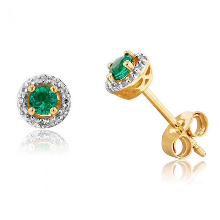 Stunning 9ct Yellow Gold Stud Earrings with Lab - Created Emeralds and Diamond Halos