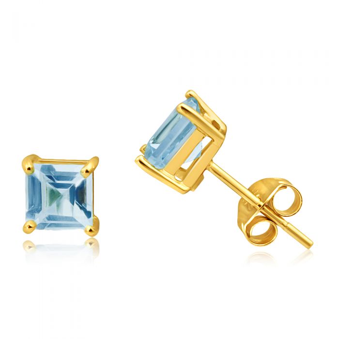 9 Carat Yellow Gold Princess Cut 5 Millimeter Blue Topaz Stud Earrings - A Classic Jewelry Piece