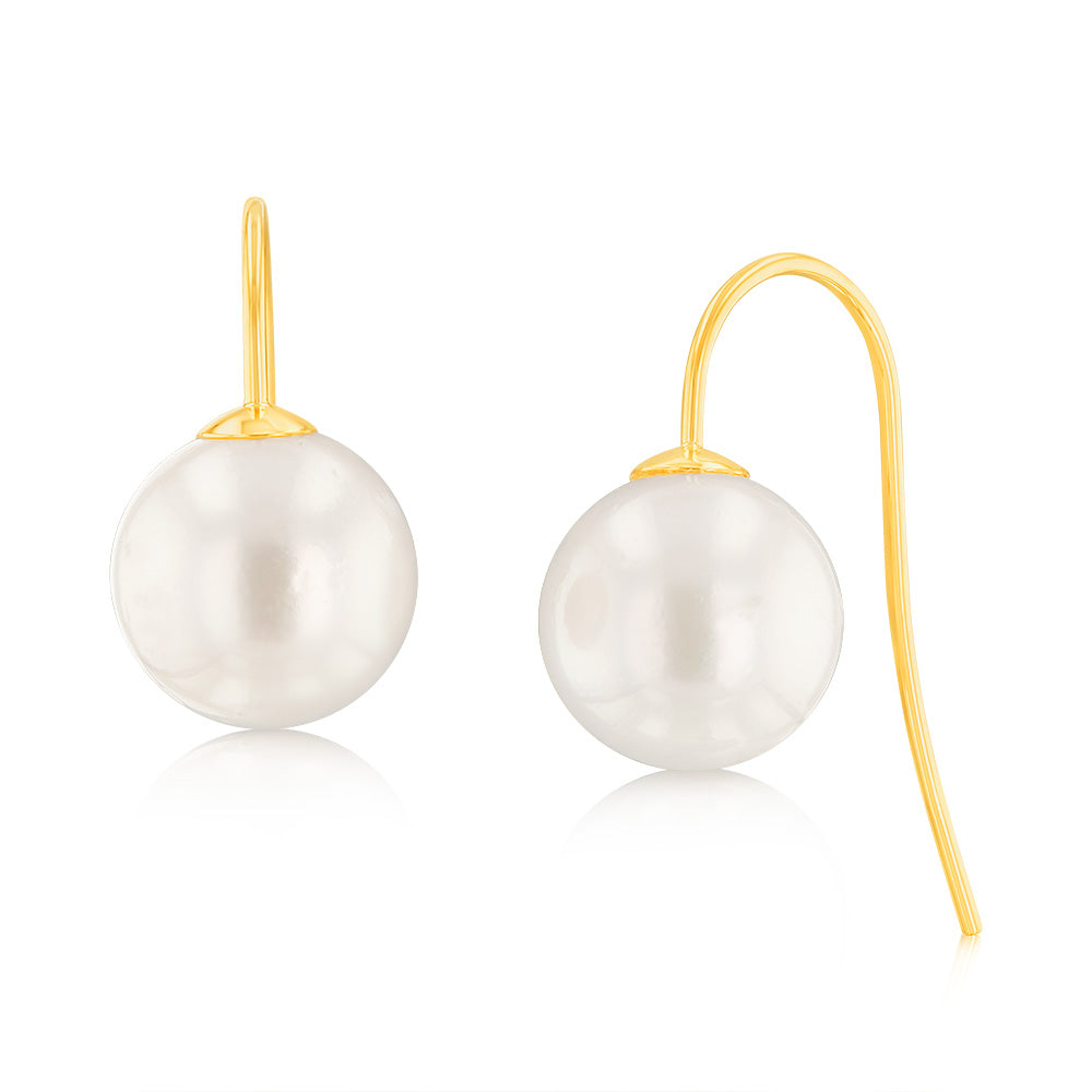 9ct Yellow Gold White South Sea Hook Drop Earrings, 9 - 11mm