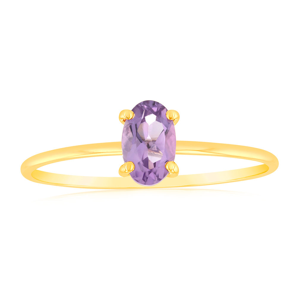 Exquisite 9 Carat Yellow Gold Ring Featuring a 6x4mm Oval 0.39 Carat Amethyst Gemstone
