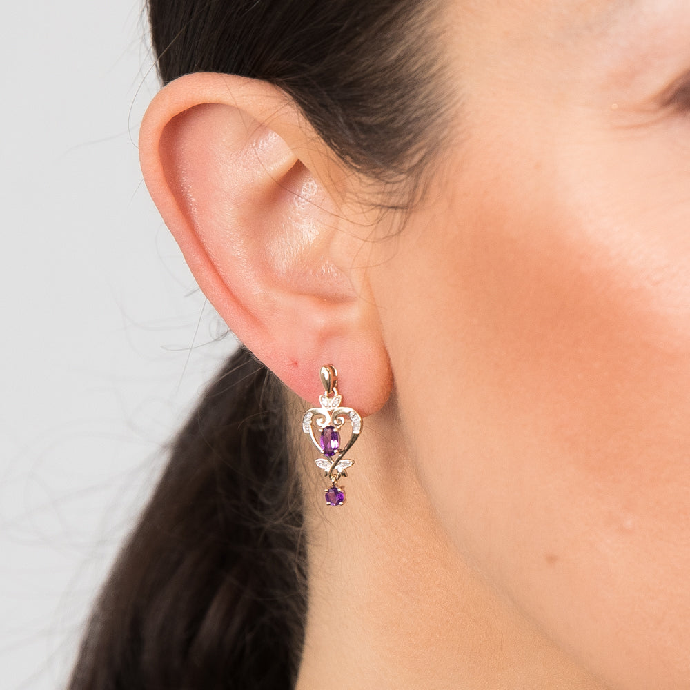 Gorgeous 9 Carat Yellow Gold Drop Earrings with Amethyst and Sparkling Diamonds