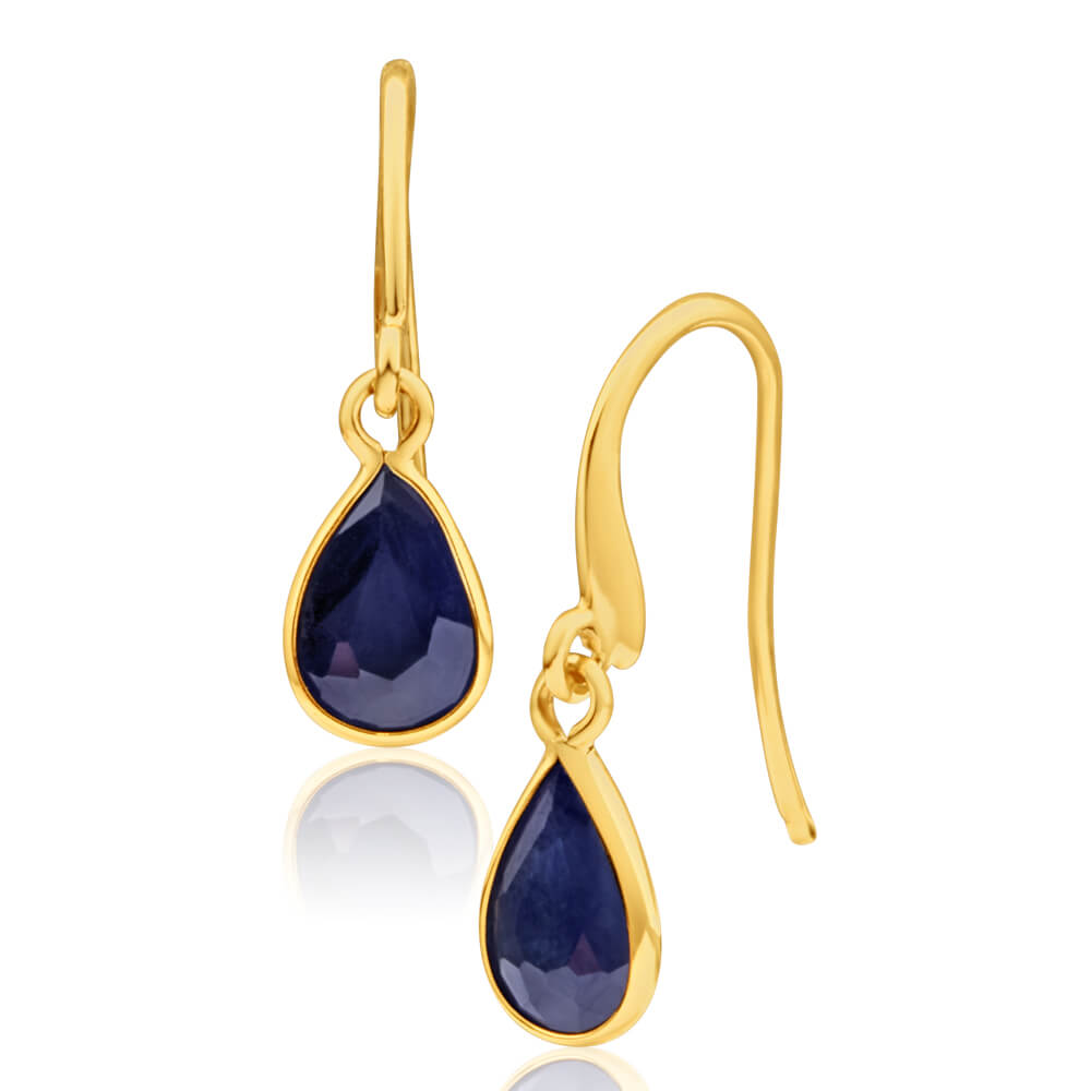 Stunning 9ct Yellow Gold Earrings with Natural Black Sapphire Pear Drops