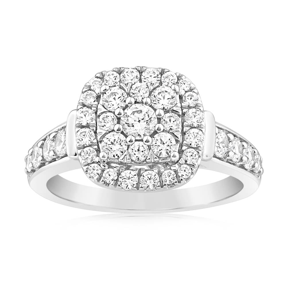 Exquisite 0.95 Carat Diamond Cushion Cluster Engagement Ring Crafted in 14ct White Gold