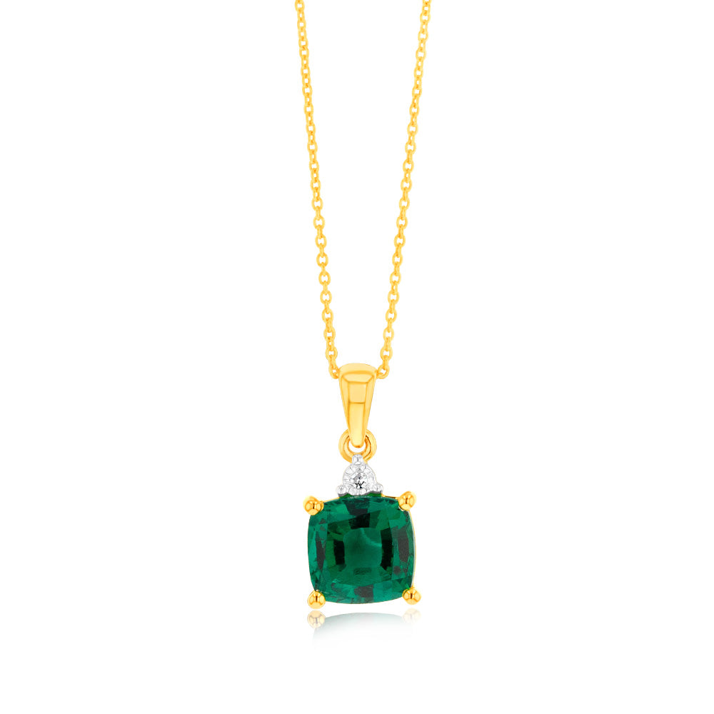 Stunning 9ct Yellow Gold Pendant with 1/3ct Lab - Created Emerald and Diamonds on a 45cm Chain, Jewelry Accessory