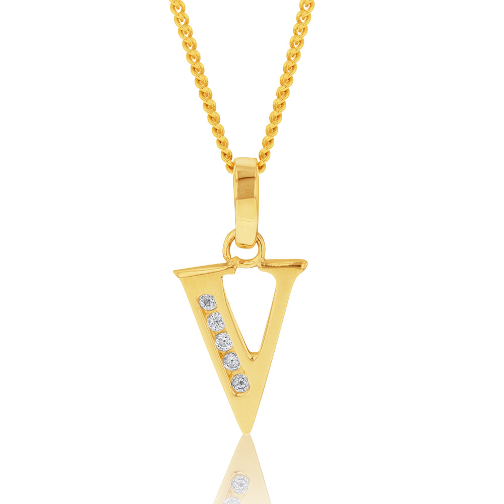 9 Carat Yellow Gold Personalized Initial V Zirconia Pendant for Stylish Jewelry Lovers