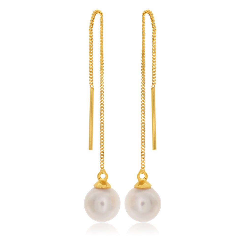 Stylish 9ct Yellow Gold Threader Drop Earrings with Freshwater Pearls