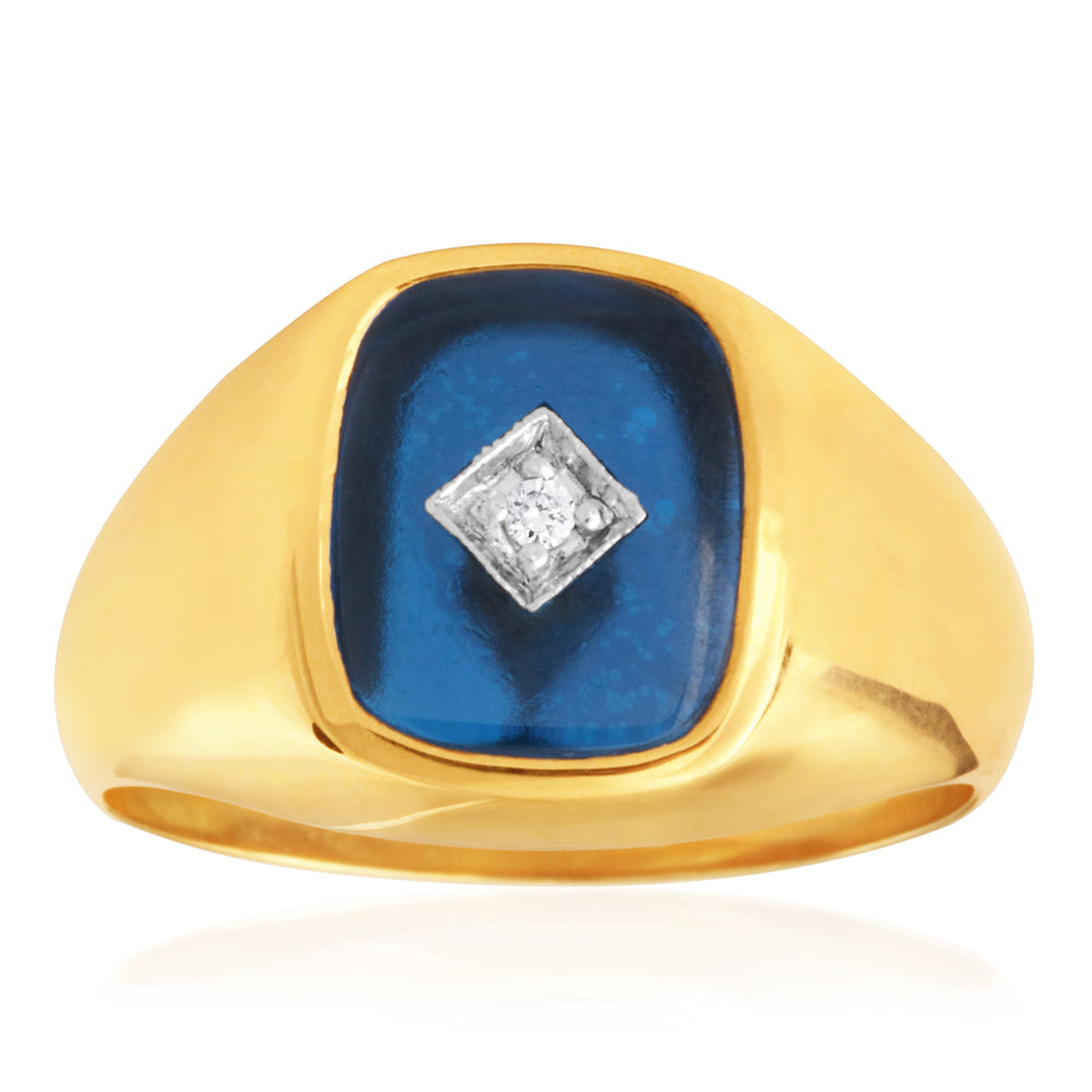 9ct Yellow Gold Men's Ring Featuring Lab-Created Blue Spinel and Real Diamonds (Non-Resizable)