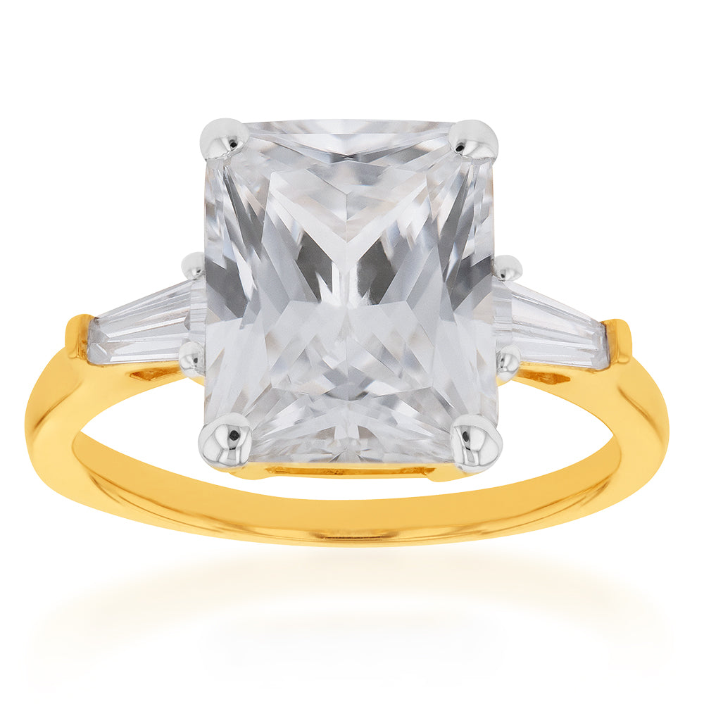 9ct Yellow Gold Fancy Ring Featuring Emerald Cut and Baguette-Style Zirconia Stones