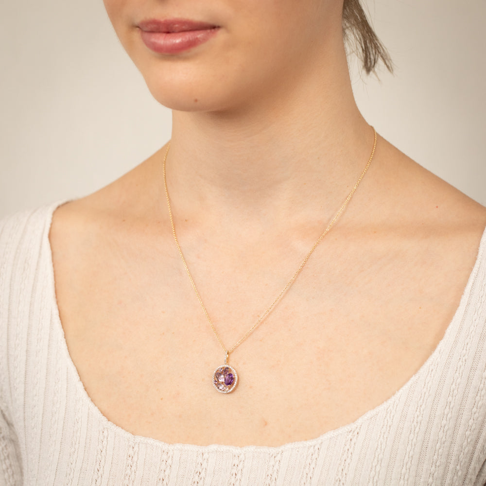 9ct Yellow Gold Pendant with Natural Amethyst, Pink Amethyst and Diamonds on a Chain