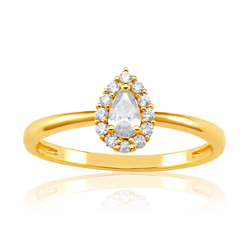 9ct Yellow Gold Halo Ring with Pear Shaped Cubic Zirconia