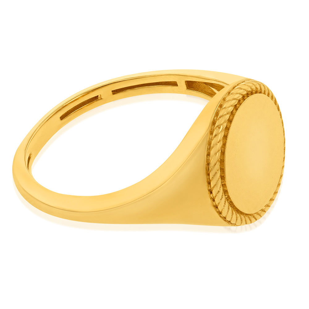 Stylish 9ct Yellow Gold Round Signet Ring with Twisted Rope Edge