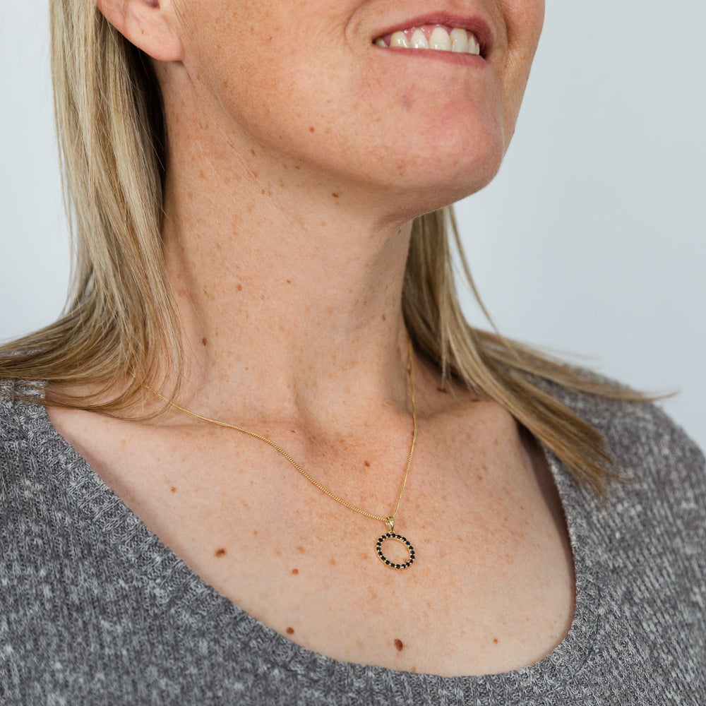 15mm 9ct Yellow Gold Pendant with Natural Black Sapphire - Circle of Life Design