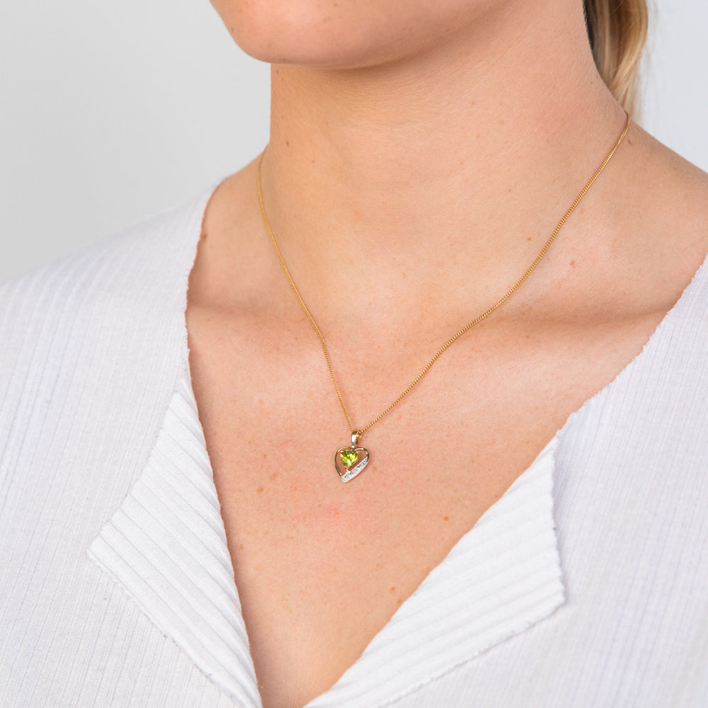 9ct Yellow Gold Peridot and Diamond Embellished Heart-Shaped Pendant for Jewelry Lovers