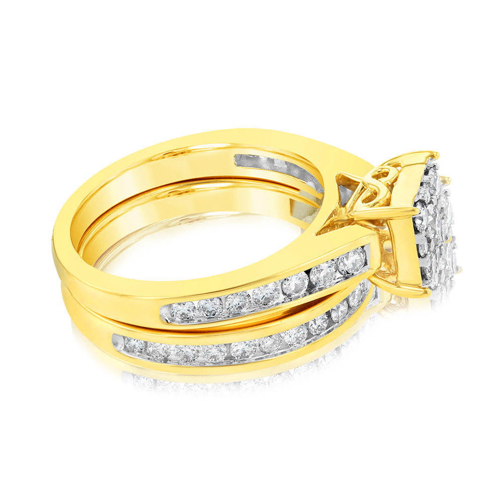 Elegant 9ct Yellow Gold 1-Carat Diamond Halo Bridal Ring Set