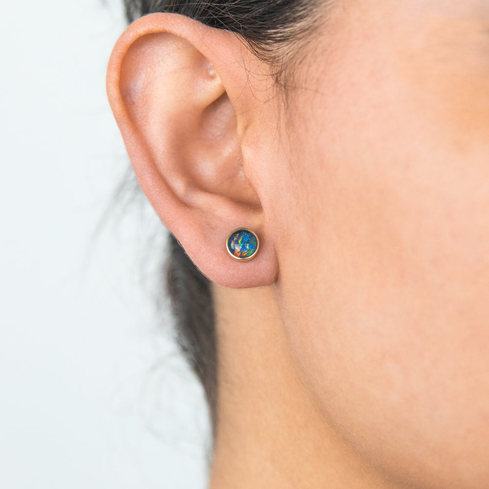 6mm 9ct Yellow Gold Bezel Stud Earrings with Triplet Australian Opal