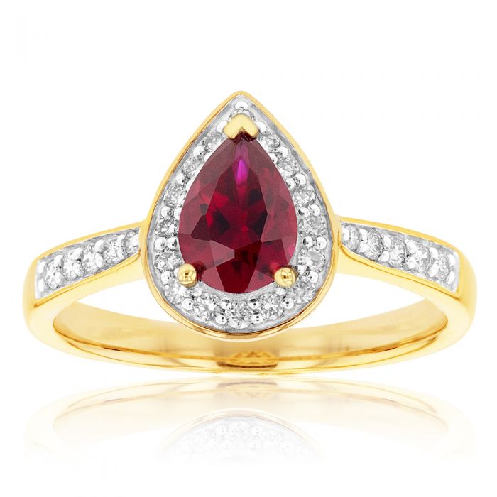 9ct Yellow Gold Ring with Created Ruby and 1/5 Carat Diamond in a Pear Halo Design