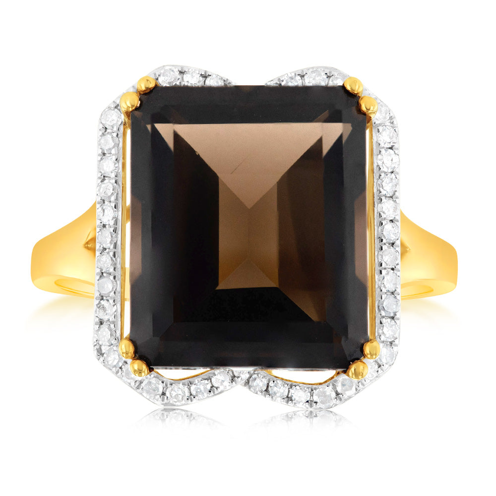 Exquisite 9ct Yellow Gold Ring with Natural Smokey Quartz and Sparkling Diamonds