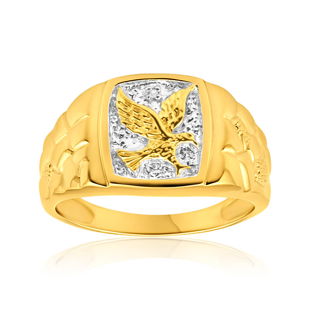 Stylish 9ct Yellow Gold Ring with an Exquisite Eagle and Diamond Design for Gents