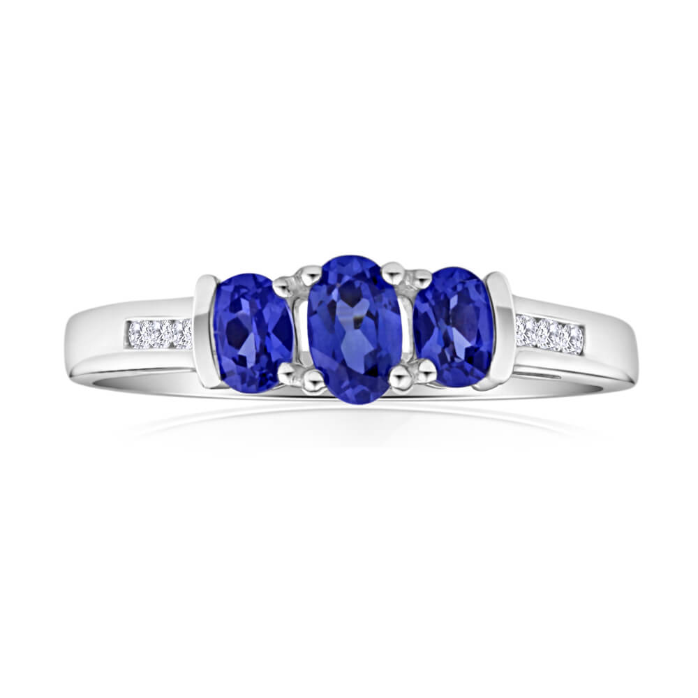Stunning 9ct White Gold Ring with Created Tanzanite Trio and Diamonds