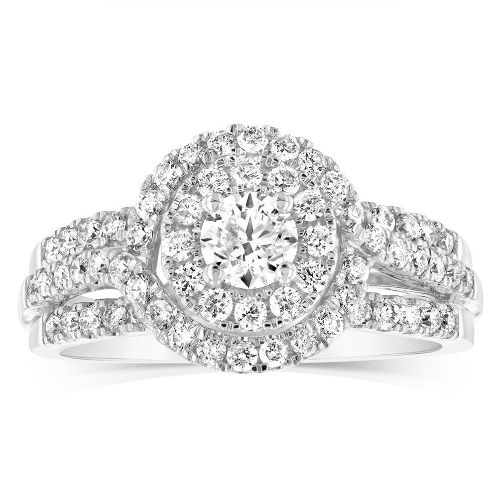 14ct White Gold Ring with 1 Carat Brilliant Cut Diamond and Double Diamond Halo