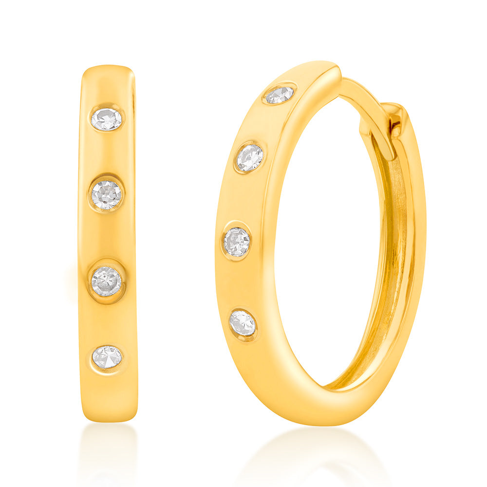 Stunning 9ct Yellow Gold Hoop Earrings Embellished with 8 Sparkling Diamonds